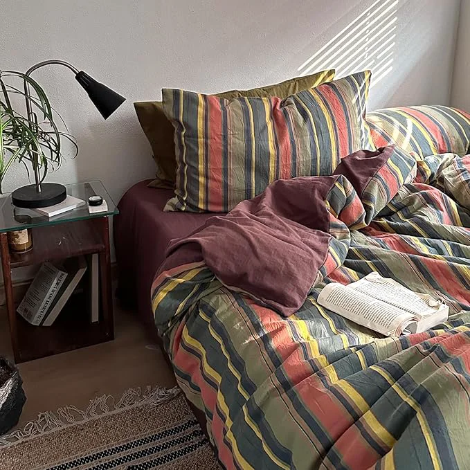 Sophisticated MKXI Vintage Striped Duvet Cover Set Twin XL- 3 Piece Cotton Bedding Set Multicolor Stripes Soft amp Breathable All-Season Comforter Cover with Zipper Closure Natural