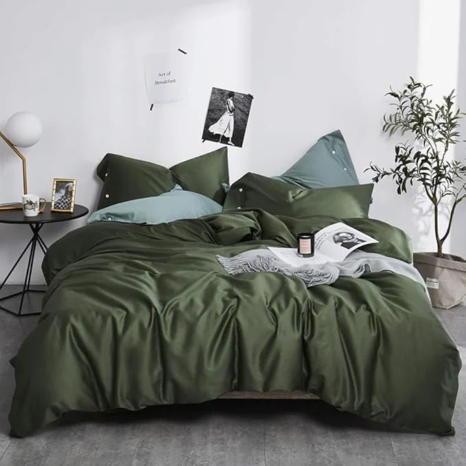 Professional VM VOUGEMARKET Sateen Cotton Duvet Cover Queen 3pcs Dark Army Green Bedding Set for Hot Sleeper Soft Siky Breathable Duvet Cover with Zipper Closure Olive Green Queen High-Quality