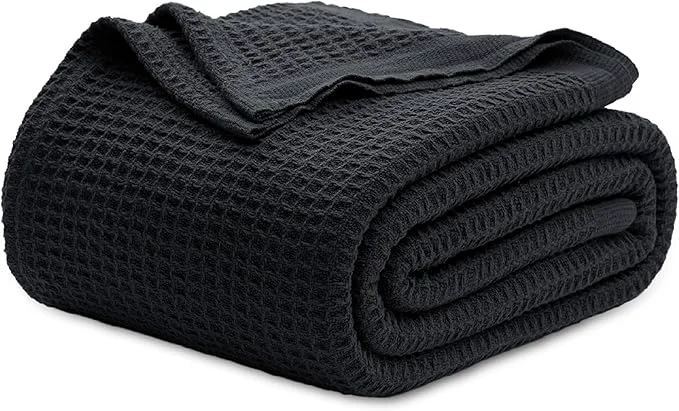 Reusable Bedsure Gentlesoft Cotton Blanket Queen Size for Bed – Cooling Breathable and Soft for Spring Summer Thick Cozy Waffle Weave Blanket Gifts for Women Black 90×90 Inches Premium Material