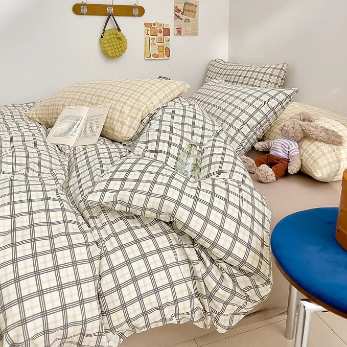 Eco-Friendly VM VOUGEMARKET Grey Plaid Duvet Cover Sets Queen 3 Pieces Checkered Comforter Cover with Zipper Closure for Men Boys Soft Muslin Cotton Bedding Set 90 quot x90 quot Official