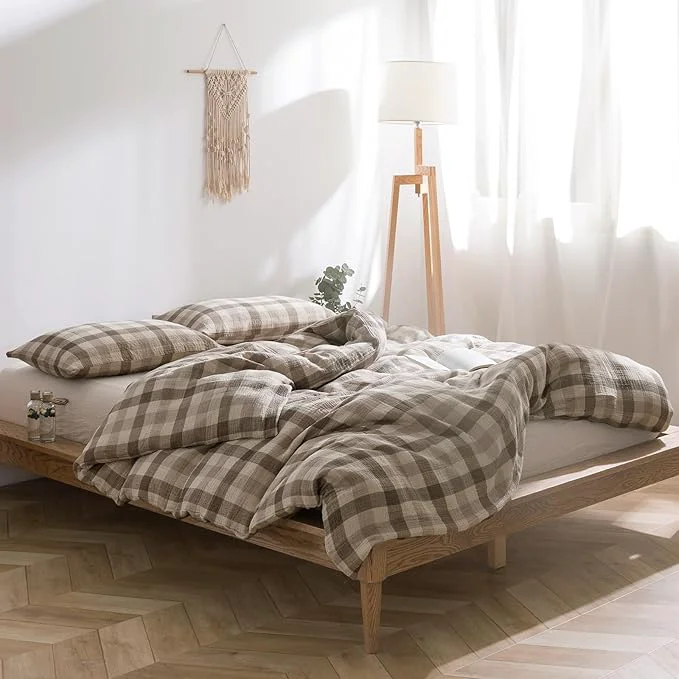 Healthy VM VOUGEMARKET King Duvet Cover Set Beige Grey Plaid Bedding Set Soft Breathable 3 Layers Muslin Cotton Linen Like Gauze Comforter Cover with Zipper Closure-3 Pieces 104 quot x90 quot Fashionable