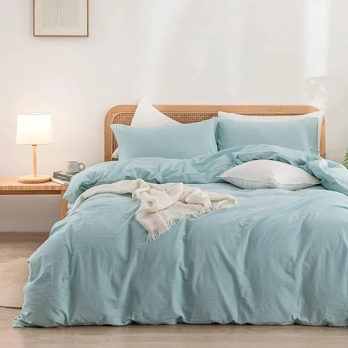 Efficient OUCH Duvet Cover Set Washed Cotton Linen Feel Super Soft Comfortable Chic Lightweight 3 PCs Home Bedding Set Solid Hushed Green Oversized Full Elite