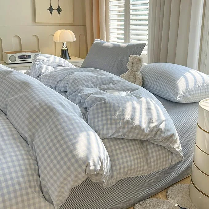 Verified VM VOUGEMARKET Blue Gingham Duvet Cover Set Twin XL Soft Washed Cotton Bedding Set for Boys Simple Plaid Comforter Cover with Pillowcases Cozy Dorm Room Essentials for Students Premium Material