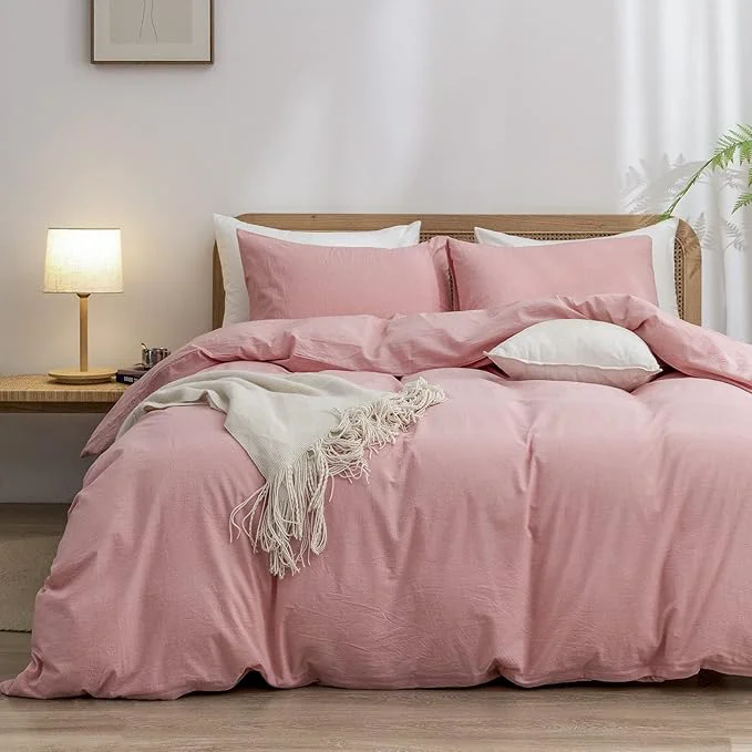 Exceptional OUCH Duvet Cover Set Washed Cotton Linen Feel Super Soft Comfortable Chic Lightweight 3 PCs Home Bedding Set Solid Red Pink King Proven