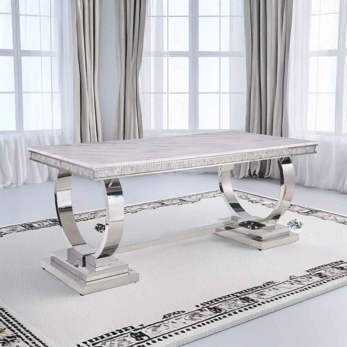 Easy-to-Use Zander – Dining Table – White Printed Faux Marble Top amp Mirrored Silver Practical