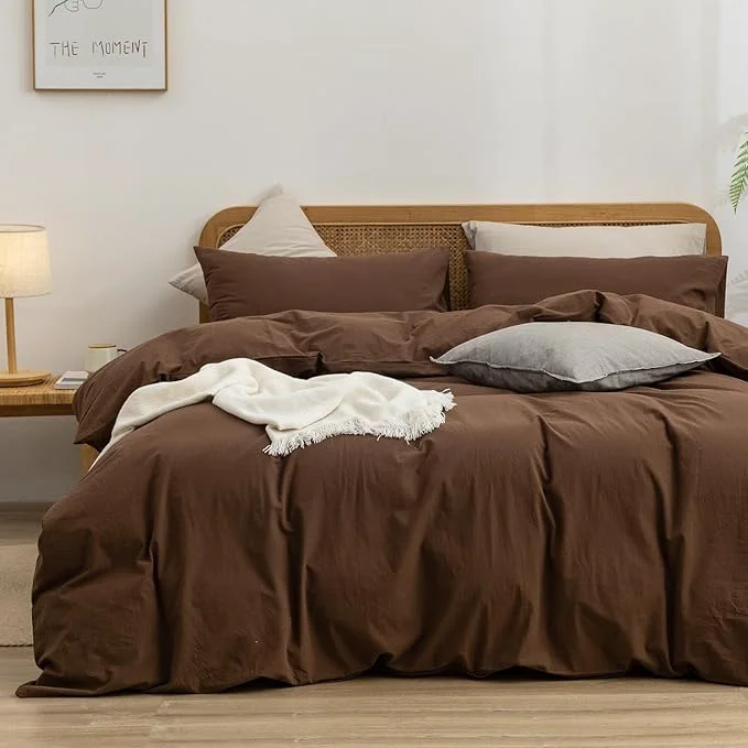 Natural OUCH Duvet Cover Set Washed Cotton Linen Feel Super Soft Comfortable Chic Lightweight 3 PCs Home Bedding Set Solid Cocoa Brown Oversized King First-Class
