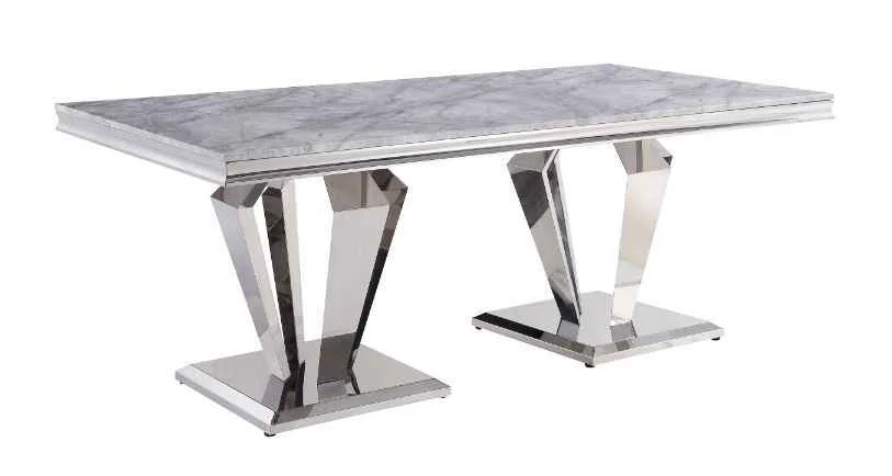 Top-Quality Satinka – Dining Table – Light Gray Printed Faux Marble Top amp Mirrored Silver Sophisticated