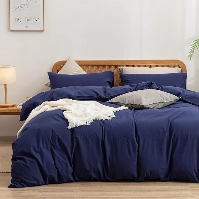 Unique OUCH Duvet Cover Set Washed Cotton Linen Feel Super Soft Comfortable Chic Lightweight 3 PCs Home Bedding Set Solid Navy Blue Super King Trendy