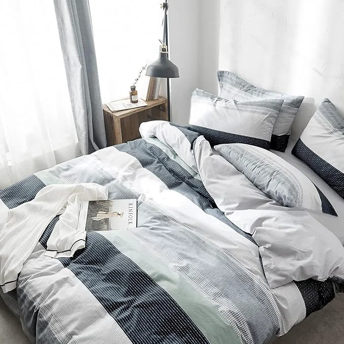 Fast VM VOUGEMARKET Bedding Striped Duvet Cover Queen 3 Pieces Blue Gray Duvet Cover Sets Cotton Modern Simple Comforter Cover for Teens Men-Full Queen Martin Exceptional