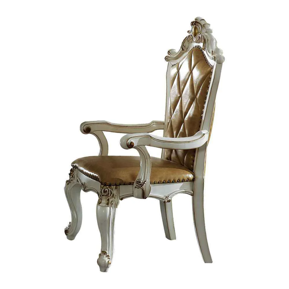 Traditional Picardy – Arm Chair Set of 2 – Butterscotch Synthetic Leather amp Antique Pearl Smooth
