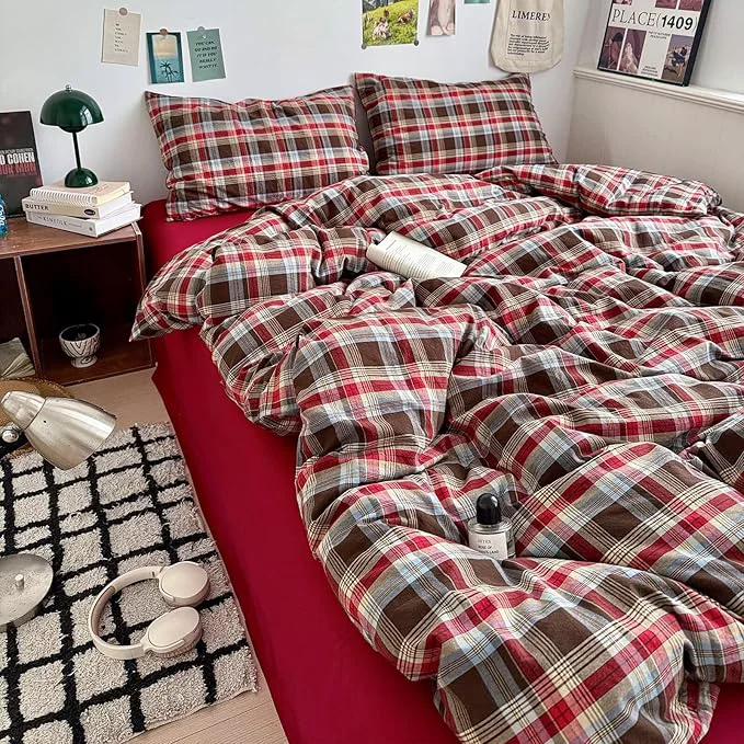 Convenient MKXI Twin XL Buffalo Plaid Duvet Cover Set 3-Piece Lightweight Washed Cotton Farmhouse Bedding Brown Red Blue Plaid Comforter Cover with Zipper Closure Genuine