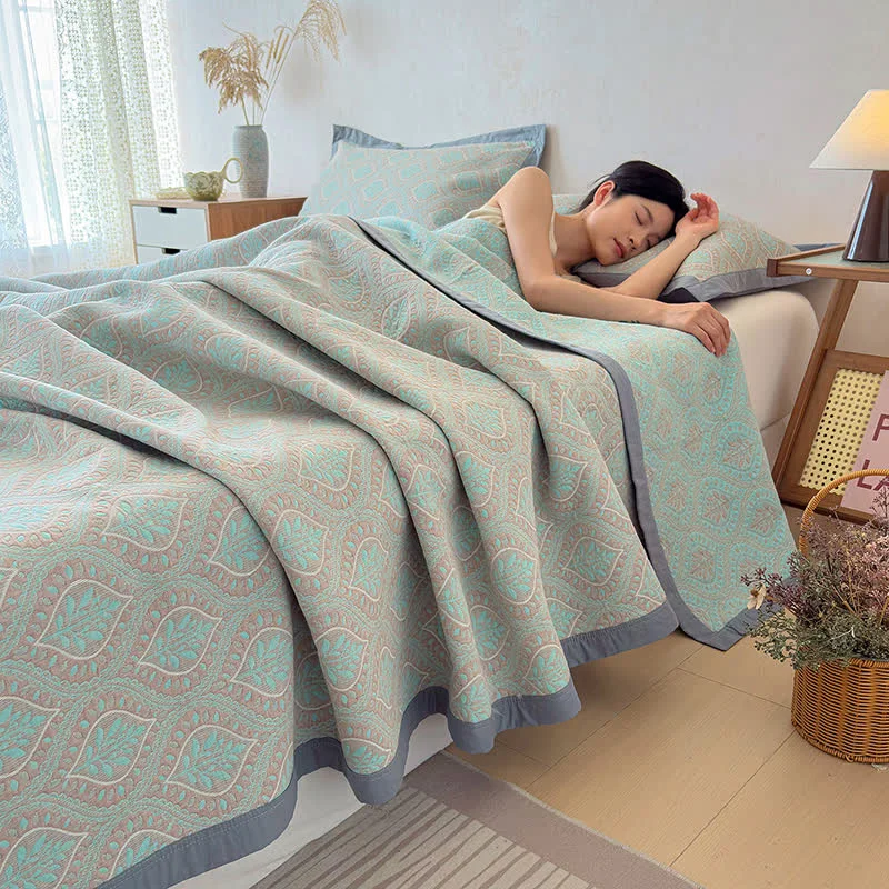 Original Design Ownkoti Botanical Leaves Cotton Gauze Bedspread Quilt Lightweight