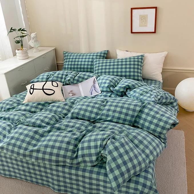 Verified VM VOUGEMARKET 3 Pieces Plaid Duvet Cover Set King Washed Cotton Green Blue Checkered Printed Comforter Cover with Zipper Soft Lightweight amp Breathable Quilt Cover Set King Consistent
