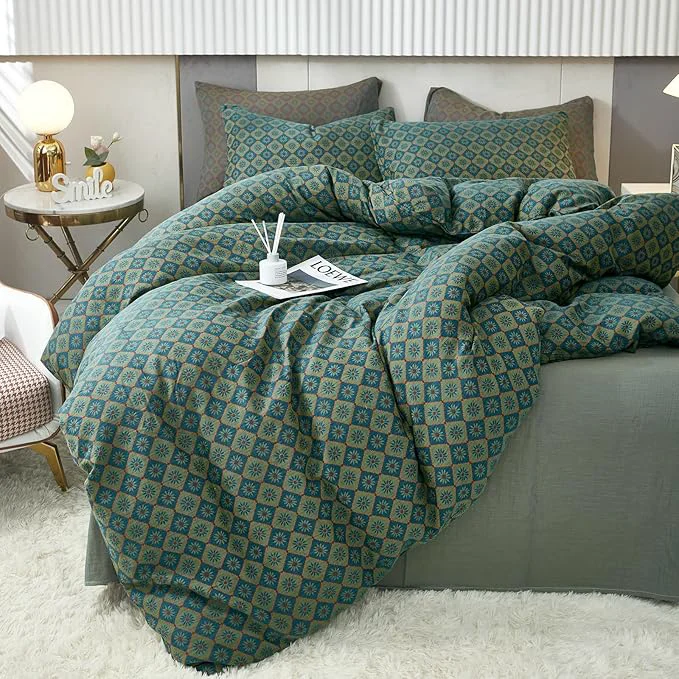 Healthy VM VOUGEMARKET Boho Duvet Cover King Geometric Pattern 3Pcs Yarn-Dyed Muslin Cotton Duvet Cover Set Blue Green Flower Bedding Set for Girls Women Without Comforter Detailed