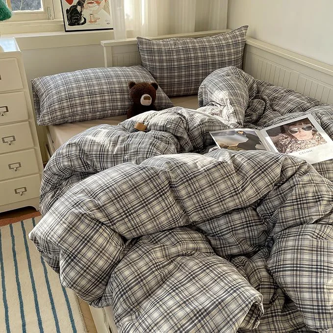 Soft MKXI Full Modern Plaid Duvet Cover Set 3 Piece – Deep Navy Washed Cotton Bedding Modern Farmhouse Check Design Breathable amp Vintage Linen Like Bedding Set with Zipper Closure Efficient
