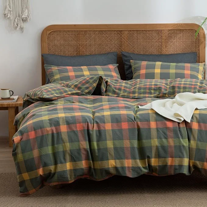 High-Performance VM VOUGEMARKET Multicolor Plaid Duvet Cover Set Full Soft Washed Cotton Reversible Bedding Modern Cozy Grid Duvet Cover with 2 Pillowcases for Men Women-Orange Grey Green 80x90Inch Official