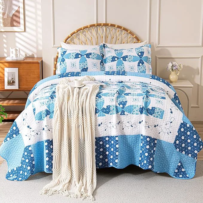 Smart Cmfshape Blue Quilt Sets Bedspread Set Cotton Patchwork Coin Pattern Bedding Set All Season Use Lightweight Reversible Coverlet Quilts with 2 Pillow Shams Queen 92 quot x96 quot Powerful