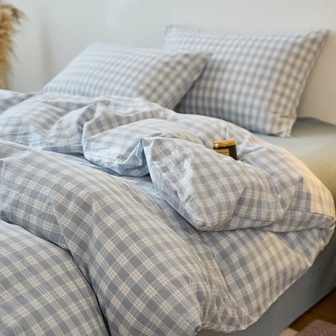 Unique Blue Gingham Duvet Covers Queen Washed Cotton Boho Comforters Cover Queen Size Soft Pattern Checkered Zipper Duvet Cover Set with 2 Pillow Cases Farmhouse Dorm Bedding Set Plaid Duvet Protector Selected