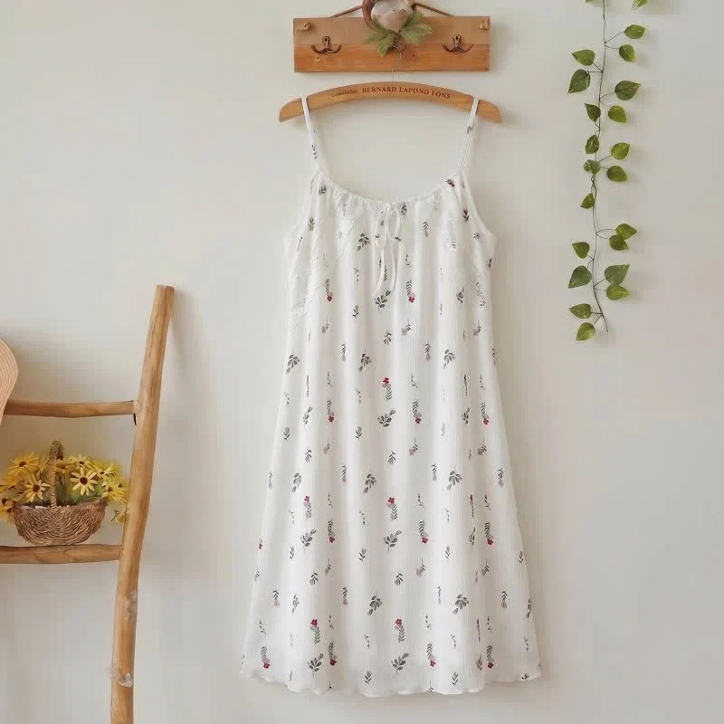 Artisan Ownkoti White Floral Sleeveless Lounge Slip Dress Crafted