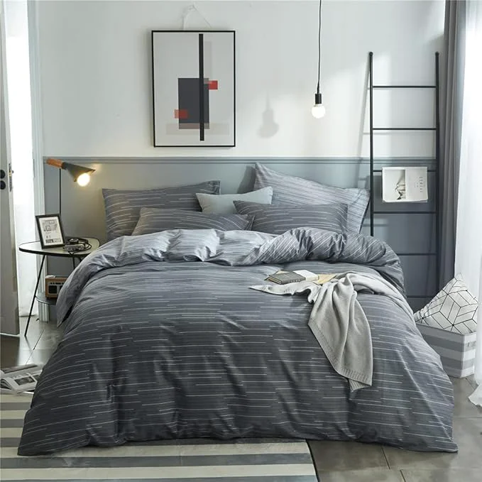 Safe VM VOUGEMARKET Grey Stripes Duvet Cover King Modern Men Bedding Set with 2 Pillow Shams – Cotton Reversible Luxury Boys Comforter Cover with Zipper Closure 104X90 Inch Traditional