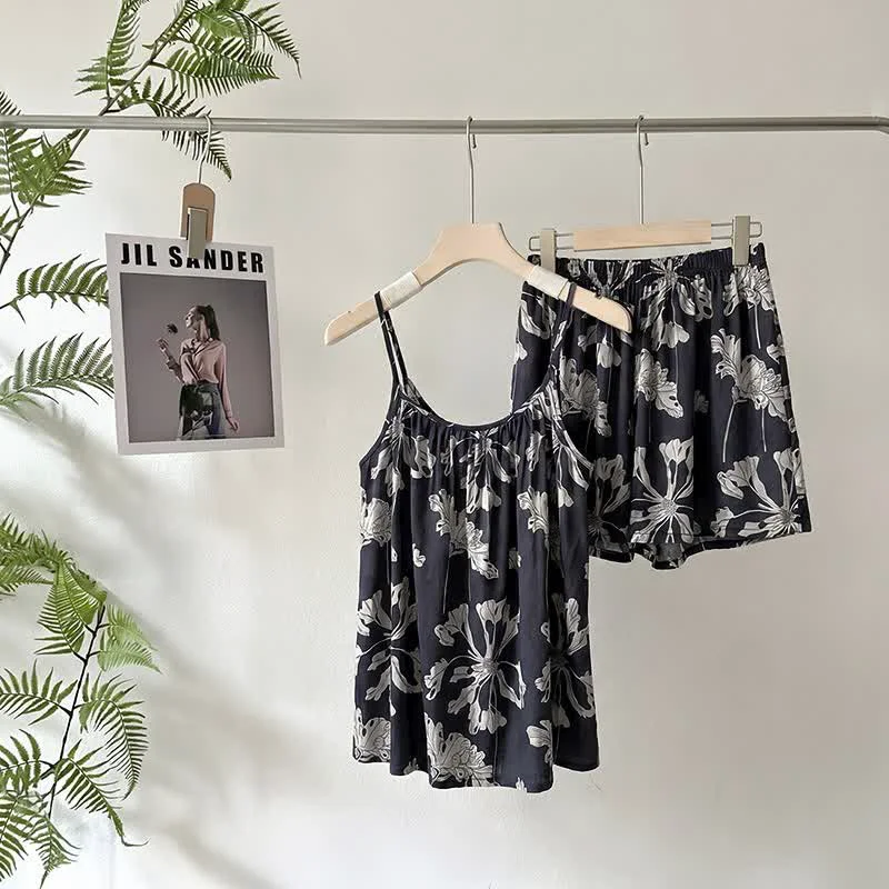 Breathable Ownkoti Black Floral Cami Shorts Pajama Set High-Grade