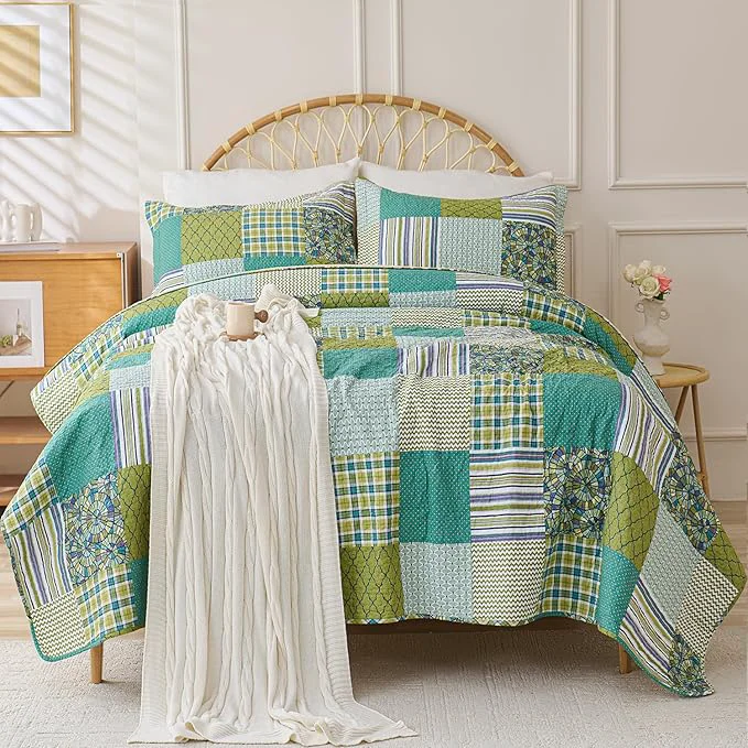 Genuine Cmfshape Quilt Sets Bedspread Set Cotton Green Plaid Patchwork Bedding Set All Season Use Lightweight Reversible Coverlet Quilts with 2 Pillow Shams Queen 90 quot x96 quot Contemporary