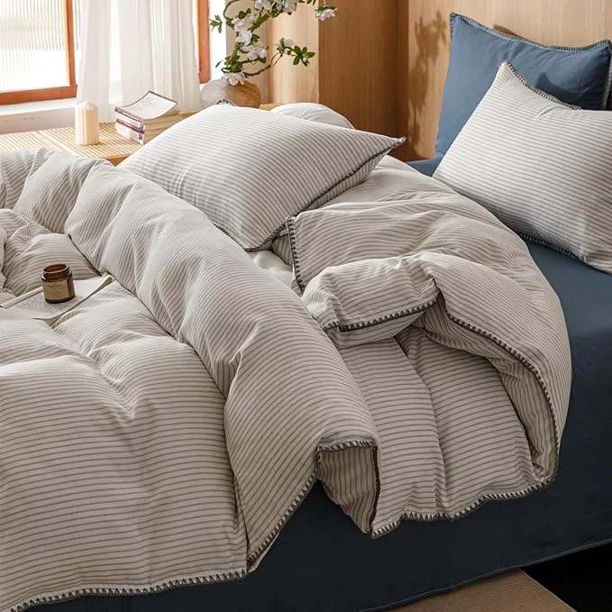 Green VM VOUGEMARKET Grey Blue Striped Duvet Cover King Yarn Dyed Muslin Cotton Duvet Cover with Embroidered Edge Super Soft Cozy Bedding Set for Men Women King Size Contemporary