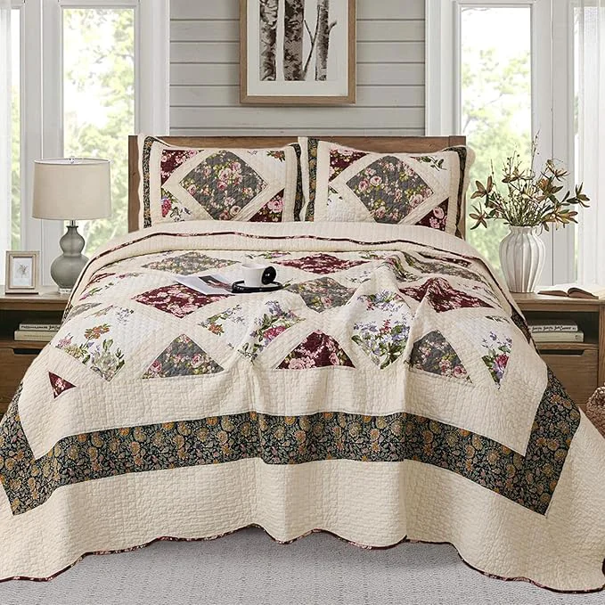 Advanced Cmfshape Floral Quilt Sets Bedspread Set Cotton Patchwork Bedding Set All Season Use Lightweight Reversible Coverlet Quilts with 2 Pillow Shams Queen 92 quot x96 quot Genuine