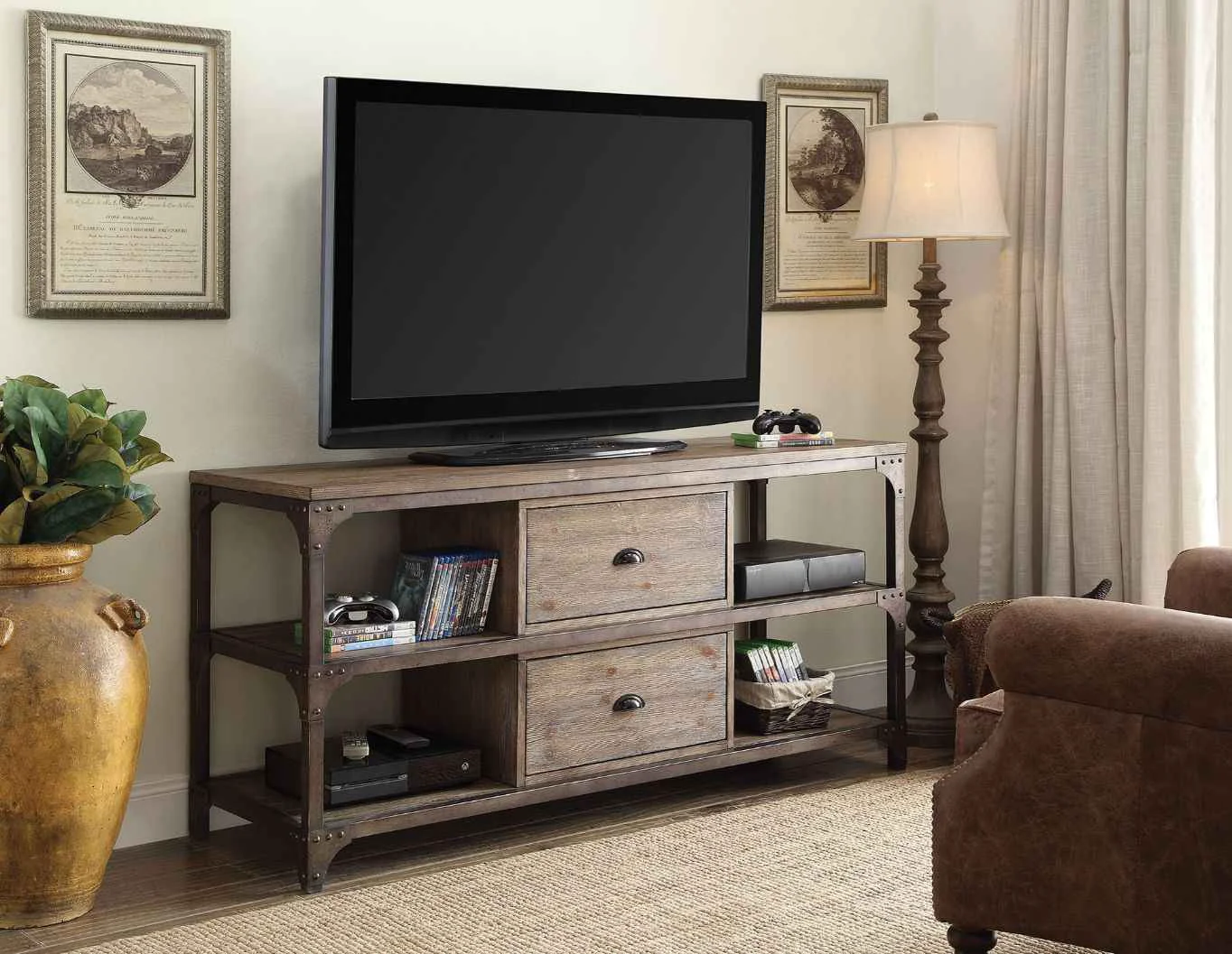Stylish Gorden – TV Stand – Weathered Oak amp Antique Silver Metal Durable