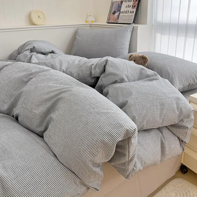 Versatile VM VOUGEMARKET Washed Cotton Grey Striped Duvet Cover Set King Pinstripes Duvet Cover with 2 Pillowcases Modern Simple Farmhouse Style Bedding Set-Vertical Stripes Responsible