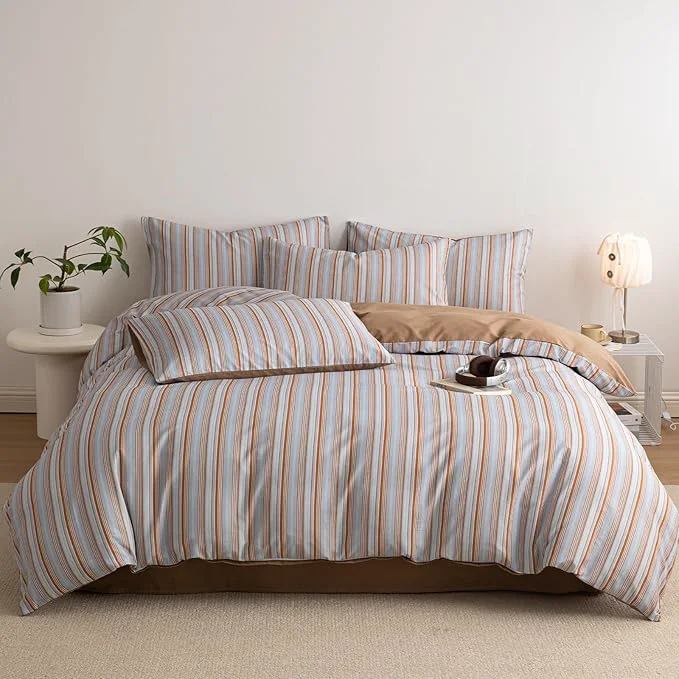 Flexible Striped Twin Duvet Cover Light Blue Caramel Brown Twin Comforter Cover Cotton Boho Soft Vintage Duvet Cover Set with 2 Pillow Cases Vertical Stripe Bedding Set Pattern Duvet Protector Versatile