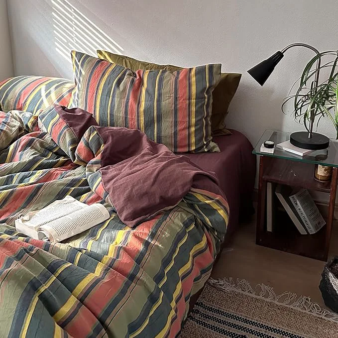 Trendy VM VOUGEMARKET Red Green Stripes Duvet Cover Twin XL Boho Farmhouse Style Washed Cotton Multi-Color Striped Bedding Set for Teens 1 Duvet Cover with 2 Pillowcases Superior