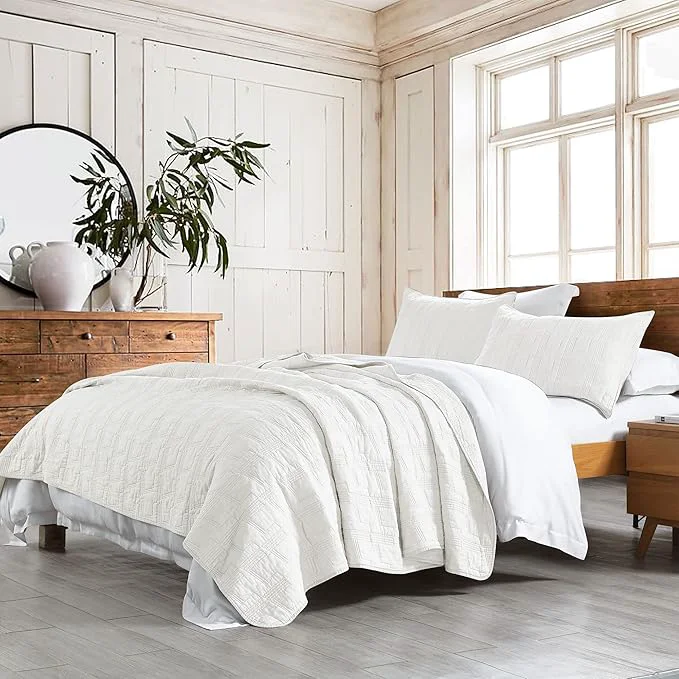 Contemporary HORIMOTE HOME Cotton Quilt Set King Size White Pre-Washed 3-Piece Bedspread Coverlet Set Cozy Lightweight Stitching Decorative Bedding Cover with 2 Shams in Geometric Pattern for All Season Verified