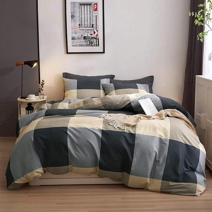 Artisan VM VOUGEMARKET Teens Boys Duvet Cover Queen 3 Pieces Black Gray Plaid Bedding Duvet Cover Set Cotton Simple Modern Farmhouse Bedding Set Without Comforter-90×90 Checkered