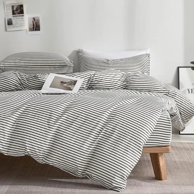 Advanced JELLYMONI Duvet Cover Natural Cotton Printed Comforter Cover with Zipper Closure and Corner Ties King XL 108×98 Inch White Duvet Cover Set with Grey Stripes Pattern Versatile