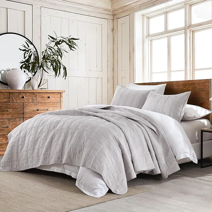 Innovative HORIMOTE HOME Cotton Quilt Set Twin Size Light Grey Pre-Washed Bedspread Coverlet Set Cozy Lightweight Stitching Decorative Bedding Cover with 1 Sham in Geometric Pattern for All Season First-Class