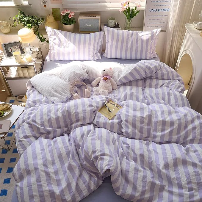 Elegant Purple Striped Duvet Twin XL Cover Vintage Cute Twin XL Comforter Cover Soft Farmhouse Boho Hotel Duvet Cover Set with Hidden Zipper Dorm Room Girls Bedding Washed Microfiber Duvet Protector Professional