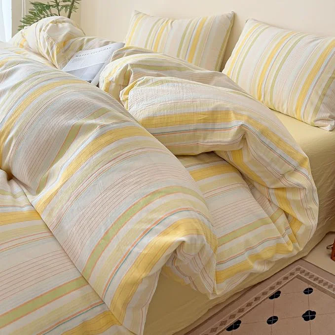 Quality VM VOUGEMARKET 3 Pieces Striped Duvet Cover Set King Washed Cotton Linen Like Textured Breathable Durable Soft Comfy Bedding Set Yellow Stripes King 104 quot x90 quot Certified