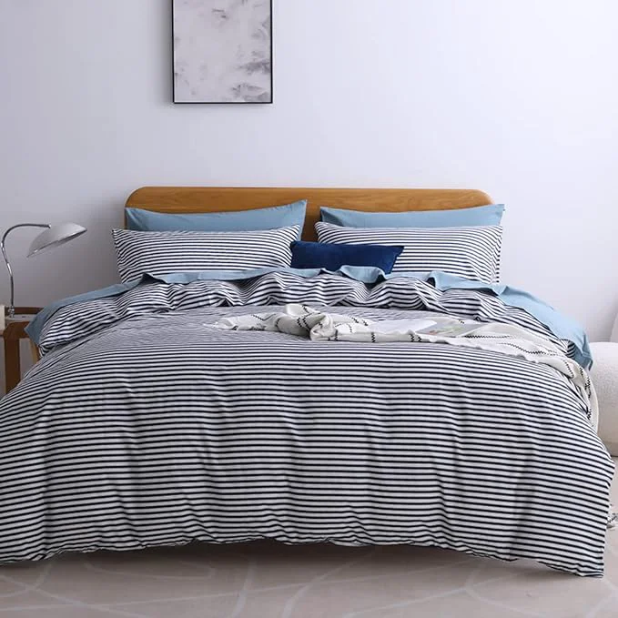 Modern JELLYMONI Natural Cotton 3pcs Striped Duvet Cover Sets White Duvet Cover with Navy Blue Stripes Pattern Printed Comforter Cover with Zipper Closure amp Corner Ties Cal King Size Outstanding