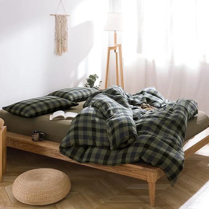 VM VOUGEMARKET Green Navy Plaid Duvet Cover King Muslin Cotton Bedding Set Soft Breathable Linen Like 3-Layer Gauze Comforter Cover with Zipper Closure for Adults-3 Pieces 104 quot x90 quot Fast