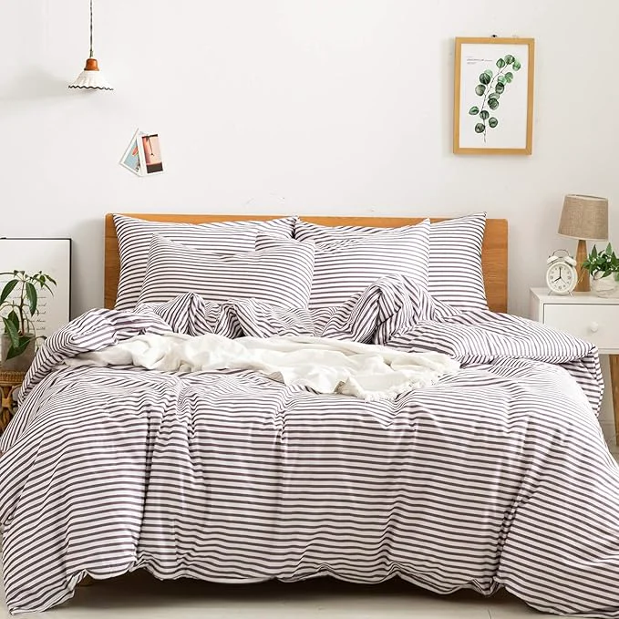 Elegant JELLYMONI Natural Cotton 3pcs Striped Duvet Cover Sets White Duvet Cover with Purple Stripes Pattern Printed Comforter Cover with Zipper Closure amp Corner Ties Full Size Sustainable