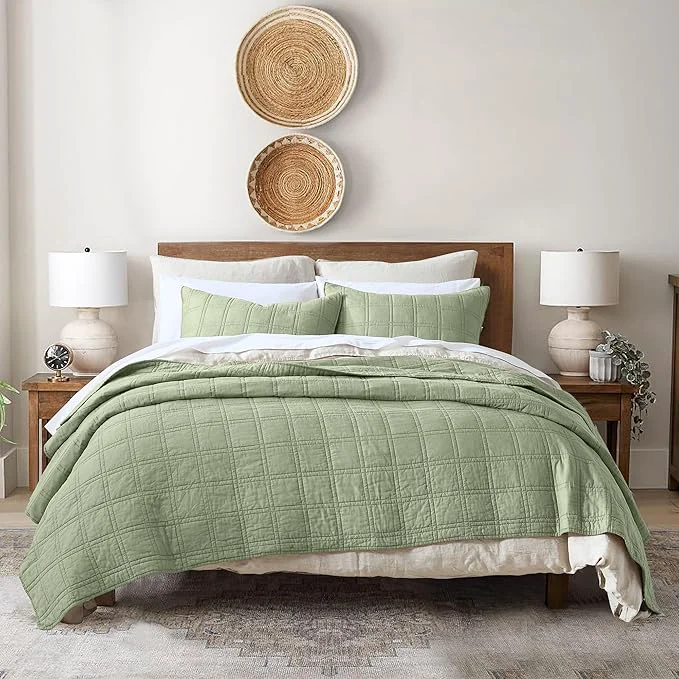 Trendy HORIMOTE HOME Cotton Quilt Set King Size Sage Green Pre-Washed Bedspreads Coverlet Set in Geometric Pattern Cozy Lightweight Stitching Decorative Bedding Cover with 2 Shams for All Season Relaxed