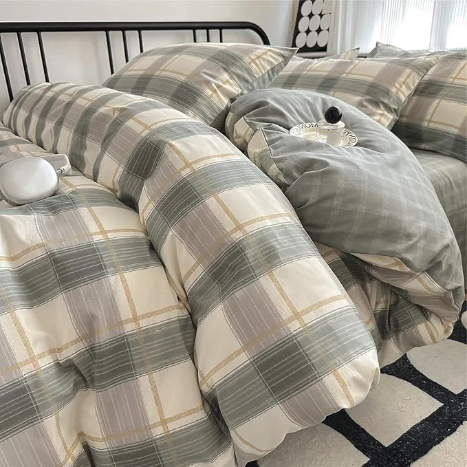 Natural VM VOUGEMARKET Green Plaid Duvet Cover Sets Queen 3 Pieces Gingham Comforter Cover with Zipper Closure amp Corner Ties for Men Boys Simple Modern Bedding Set 90 quot x90 quot Relaxed
