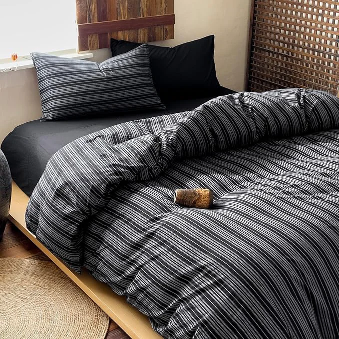 Advanced Striped Duvet Cover Queen Size Black Washed Cotton Queen Size Comforter Cover Grey Vertical Stripe Farmhouse Zipper Duvet Cover Set with Ties Soft Boho Bedding Set Minimalist Duvet Protector Exceptional