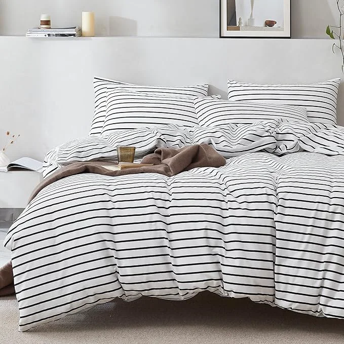 Versatile JELLYMONI Natural Cotton 2pcs Striped Duvet Cover Sets White Duvet Cover with Thick Black Stripes Pattern Printed Comforter Cover with Zipper Closure amp Corner Ties Twin Size Quality
