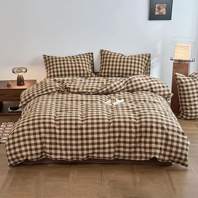 Natural Checkered Duvet Cover Set Full Tan Brown Washed Cotton Full Comforter Cover Boho Gingham Cute Rustic Duvet Cover Set with Hidden Zipper Vintage Buffalo Plaid Bedding Set Soft Duvet Protector Luxury