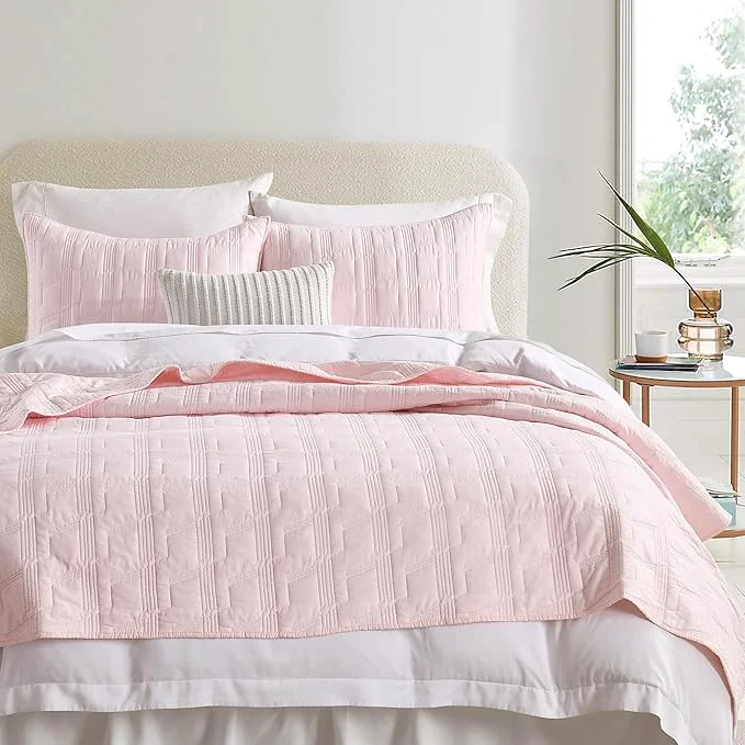 Traditional HORIMOTE HOME Cotton Quilt Set Queen Size Light Pink Pre-Washed 3-Piece Bedspread Coverlet Set Cozy Lightweight Stitching Bedding Cover with 2 Shams in Geometric Pattern for All Season Fine