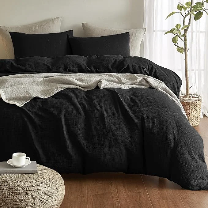 Recyclable SE SOFTEXLY Muslin Duvet Cover Queen Size Washed Cotton Duvet Cover Set Ultra Soft Comforter Cover Linen Like 3 Pieces Minimalist Gauze Duvet Cover with 2 Pillowcases 90 quot x90 quot Black Easy-to-Use