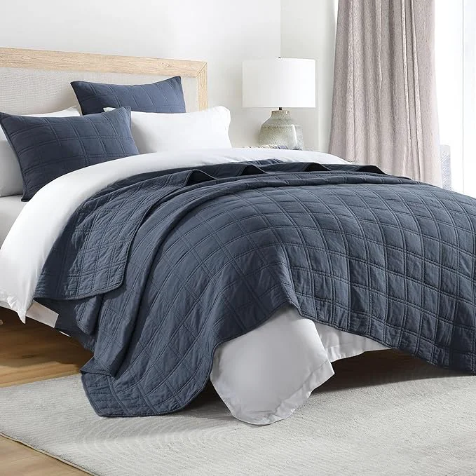 Responsible HORIMOTE HOME Cotton Quilt Set King Size Denim Blue Pre-Washed Bedspreads Coverlet Set in Geometric Pattern Cozy Lightweight Stitching Decorative Bedding Cover with 2 Shams for All Season Elite