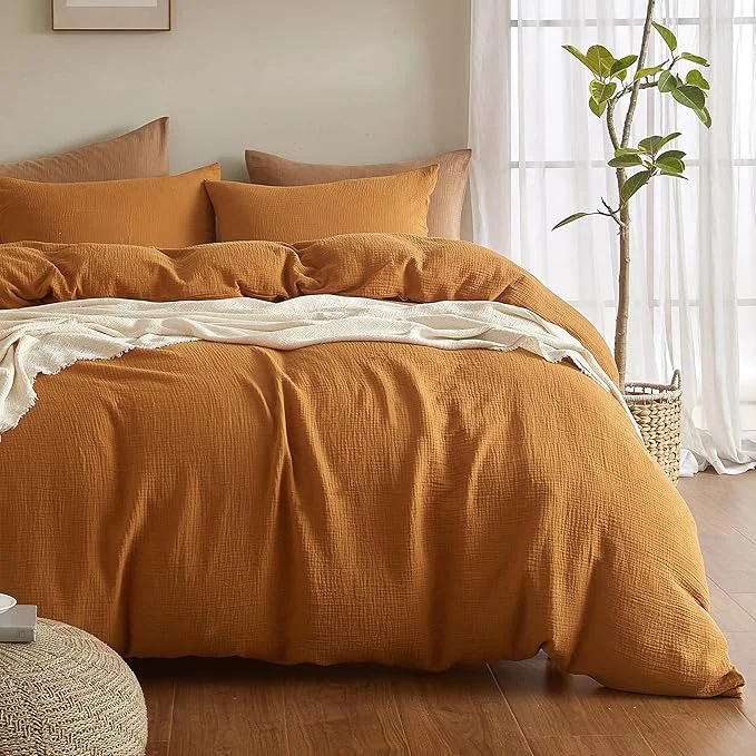 Comfortable SE SOFTEXLY Muslin Duvet Cover Queen Size Washed Cotton Duvet Cover Set Ultra Soft Comforter Cover Linen Like 3 Pieces Minimalist Gauze Duvet Cover with 2 Pillowcases 90 quot x90 quot Pumpkin Versatile
